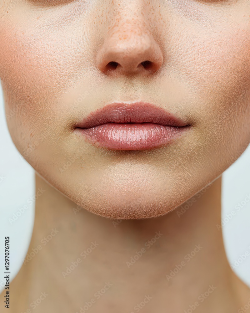 Obraz premium Close up of a fair-skinned woman's face with freckles, nude lipstick, pale pink blush, symbolizing natural beauty, perfect for skincare, beauty products, and health.