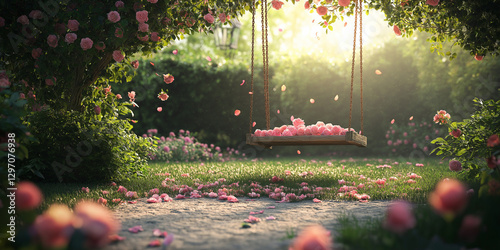 Enchanting garden swing with cascading pink roses at sunset