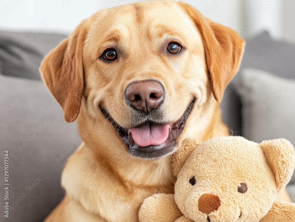 Happy Labrador Retriever Smiling with a Toy Bear on Couch Happy Labrador Retriever Smiling with a Toy Bear on Couch