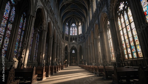Step into divine mystery at a grand Gothic cathedral Towering spires colorful stained glass and shadows dancing on stone floors await