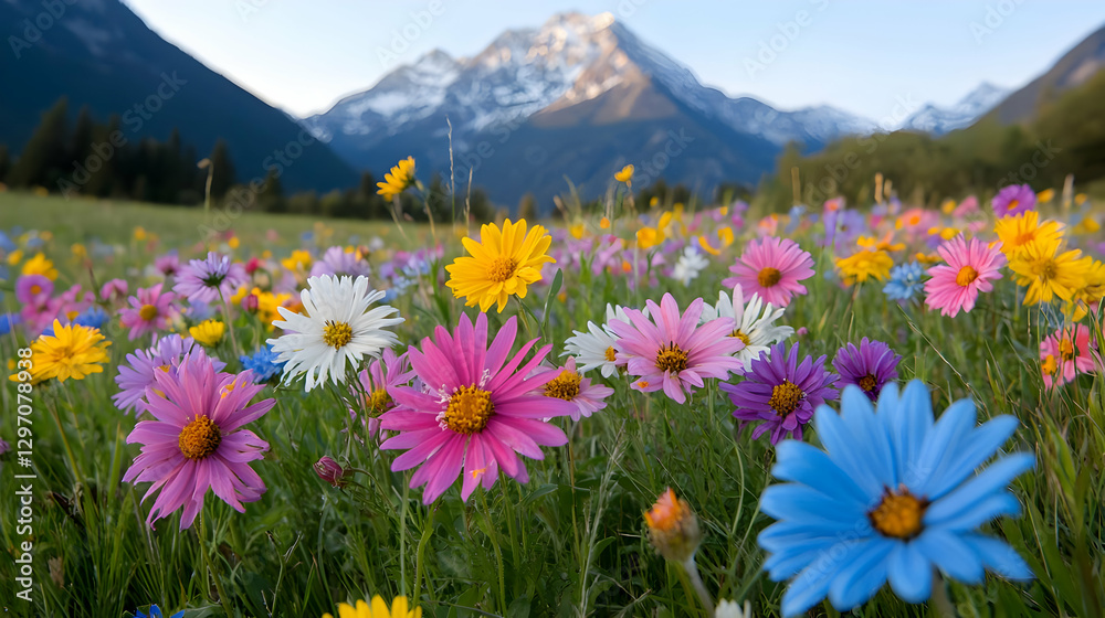Fototapeta premium Colorful wildflowers bloom in a green alpine meadow with snow-capped mountains in the background during a bright summer day.
