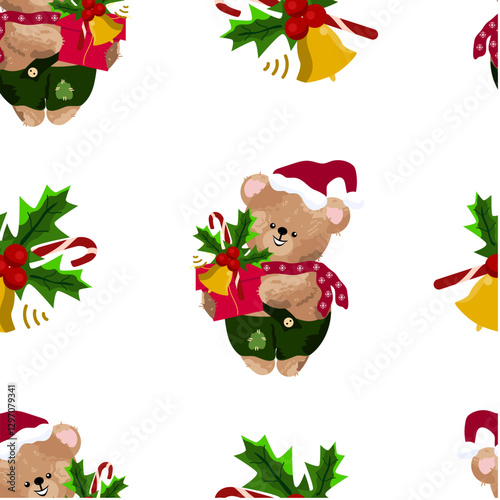 A cartoon bear in a Santa Claus hat holds in his paws a red box and holly leaves with a yellow bell.