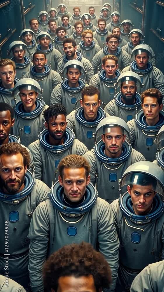 Vertical group of multi ethnic astronauts standing together in professional suits creating impression of space hierarchy and organizational structure
