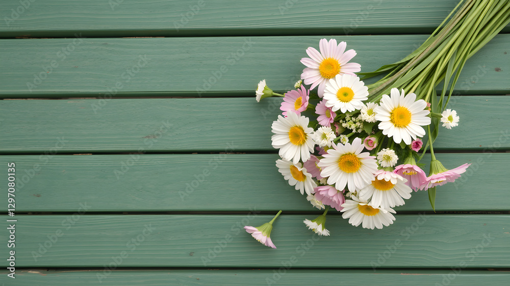 Fototapeta premium Bouquet of dried flowers on wooden planks background. AI generated image, ai