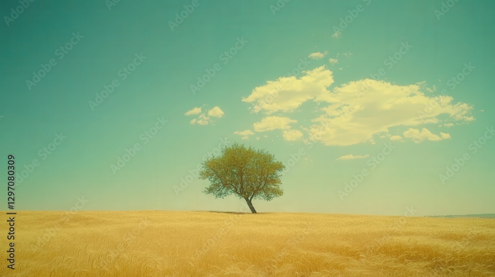 Golden Wheat Field Under Clear Blue Sky with Lone Oak Tree Golden Wheat Field Under Clear Blue Sky with Lone Oak Tree