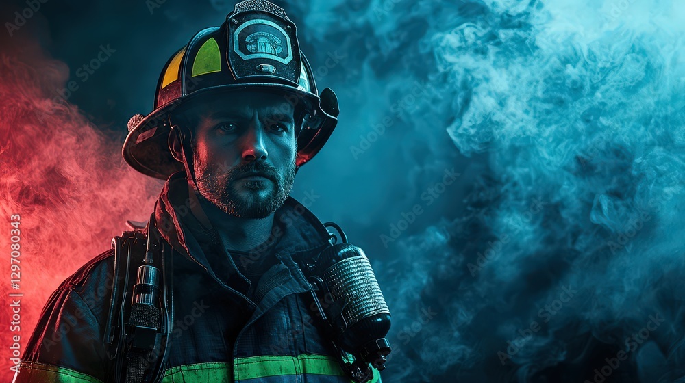 Firefighter in full gear against a smoky background, symbolizing courage and service. Ideal for safety campaigns, emergency services, and community support. Firefighter in full gear against a smoky background, symbolizing courage and service. Ideal for safety campaigns, emergency services, and community support.