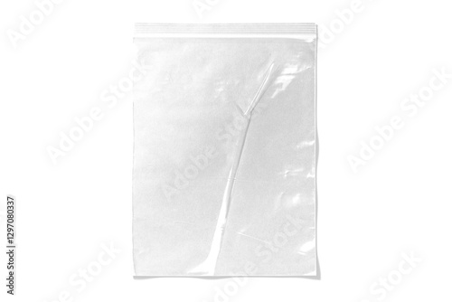 A clear ziplock bag with a reflective surface against a black background. The empty bag and high-contrast lighting create a dramatic and minimalist aesthetic.