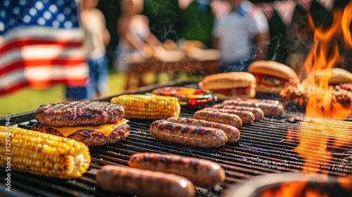 Grilled Burgers, Corn and Sausages on Grill with Flame.  Celebrating togetherness, family and national pride. Great for holiday party concepts.