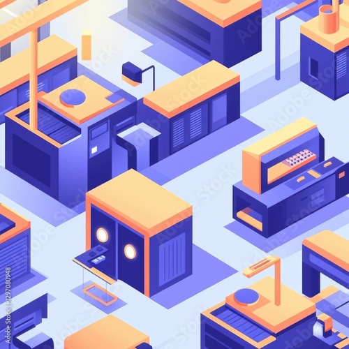 An abstract illustration of a futuristic warehouse with vibrant colors and geometric shapes.