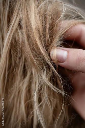 Close-up of a woman with blond long, dry, and frizzy hair, showing visible split ends and rough texture. 