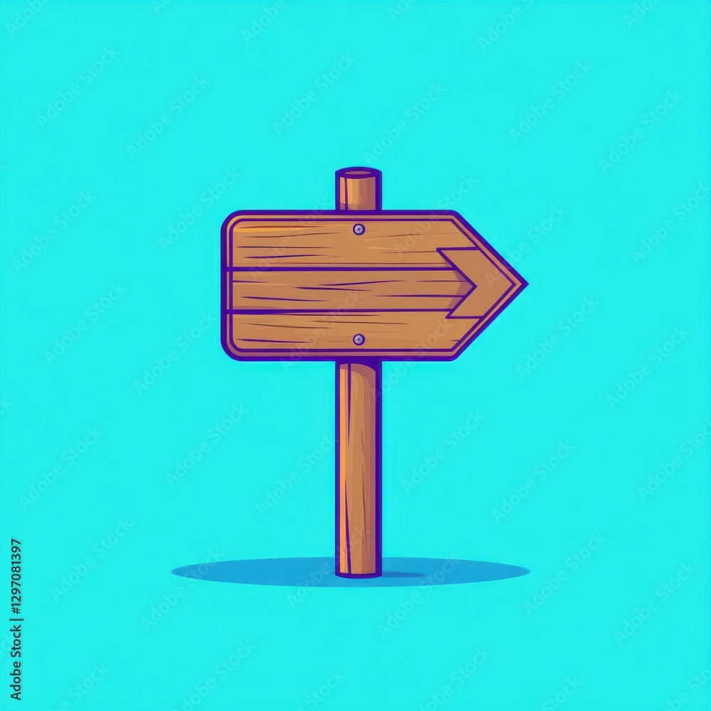 A colorful wooden directional signpost pointing right against a vibrant blue background. A colorful wooden directional signpost pointing right against a vibrant blue background.