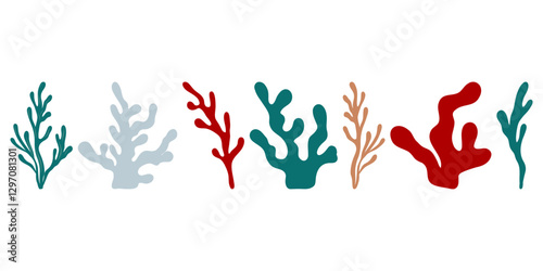 Set of isolated colorful corals. Hand drawn illustration, Vector underwater flora and fauna