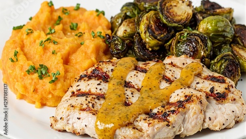 Succulent grilled chicken breast with creamy sweet potatoes roasted sprouts and tangy dressing for a wholesome meal Hedonistic and healthy fusion