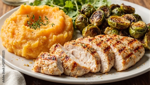Succulent grilled chicken breast with creamy sweet potatoes roasted sprouts and tangy dressing for a wholesome meal Hedonistic and healthy fusion