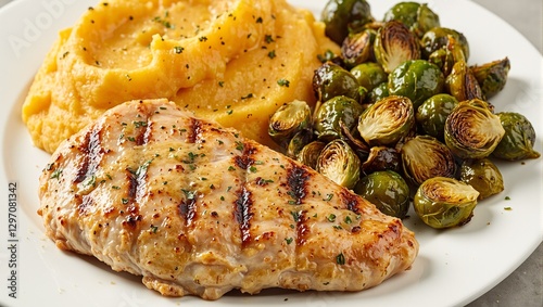 Succulent grilled chicken breast with creamy sweet potatoes roasted sprouts and tangy dressing for a wholesome meal Hedonistic and healthy fusion
