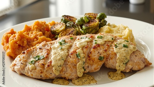 Succulent grilled chicken breast with creamy sweet potatoes roasted sprouts and tangy dressing for a wholesome meal Hedonistic and healthy fusion