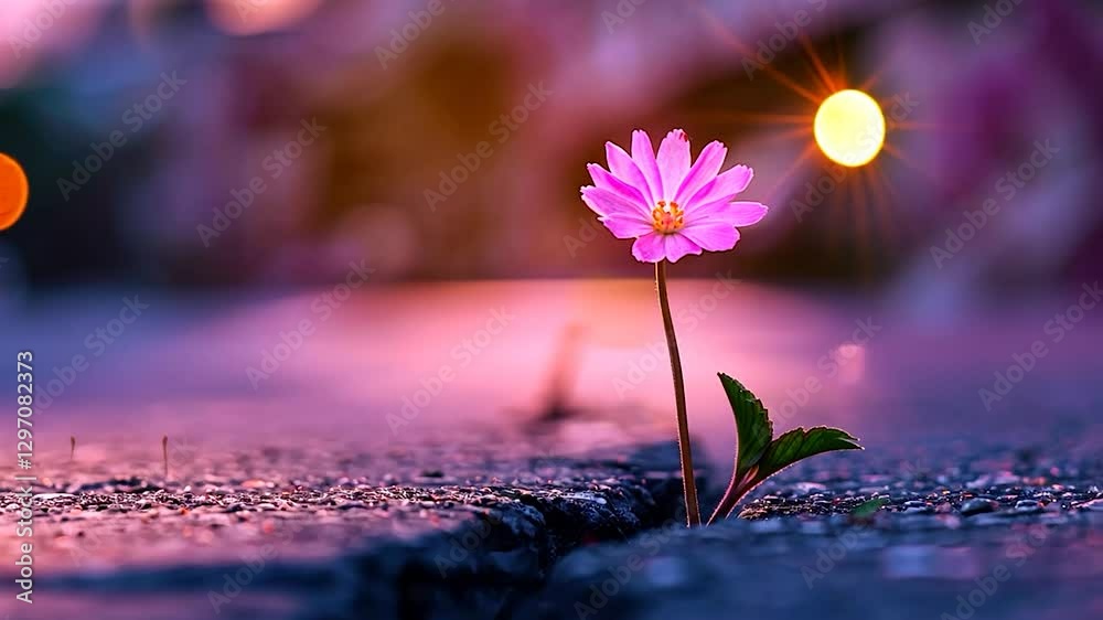 Pink flower growing from crack in asphalt