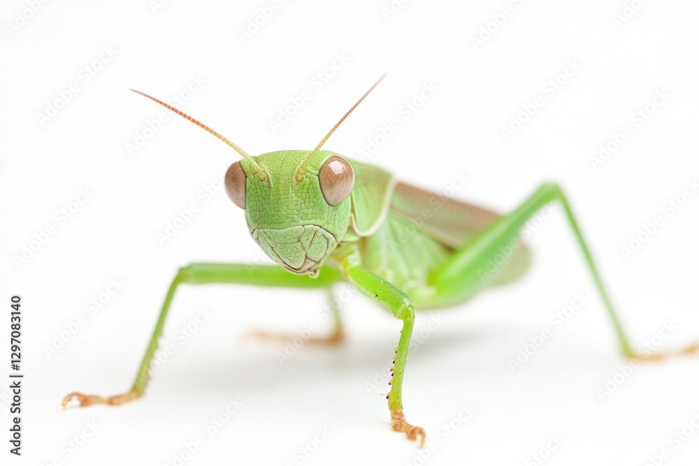 A close-up view of a grasshopper sitting on a white surface, ideal for use in educational or scientific contexts A close-up view of a grasshopper sitting on a white surface, ideal for use in educational or scientific contexts