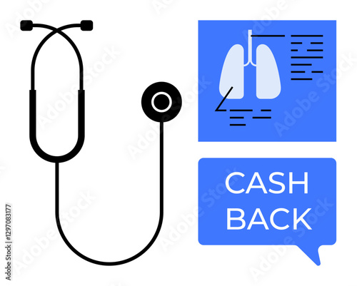 Stethoscope beside chest X-ray and Cash Back text. Ideal for healthcare savings, insurance benefits, medical expenses, patient incentives, health checkups, financial rewards, cost-effective