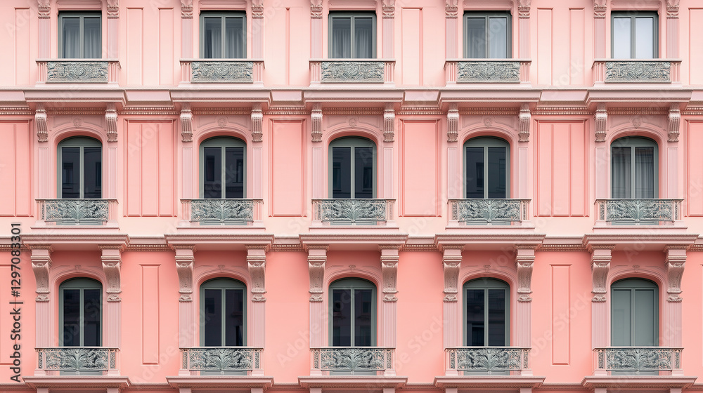 Elegant pink building facade with ornate balconies and windows in urban setting during daytime. Generative AI Elegant pink building facade with ornate balconies and windows in urban setting during daytime. Generative AI