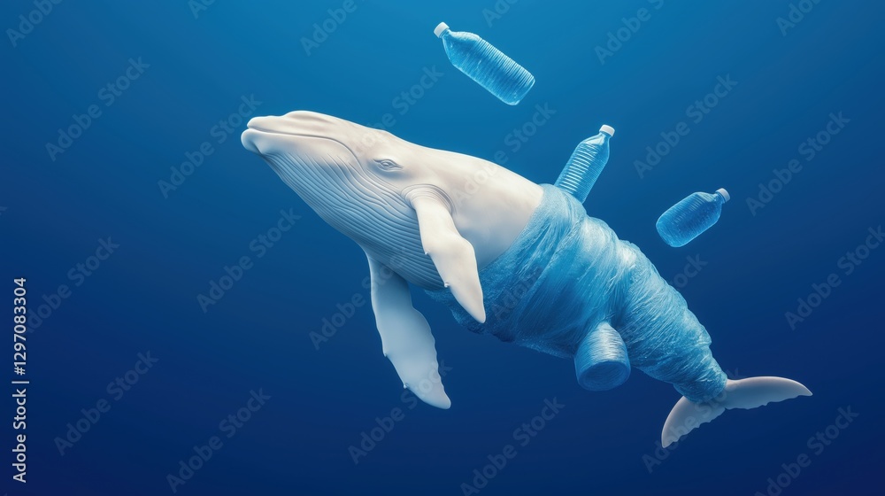 Naklejka premium A whale trapped by a chain made of plastic bottles, symbolizing the devastating impact of ocean pollution on marine life. This image is perfect for raising awareness about environmental issues and the