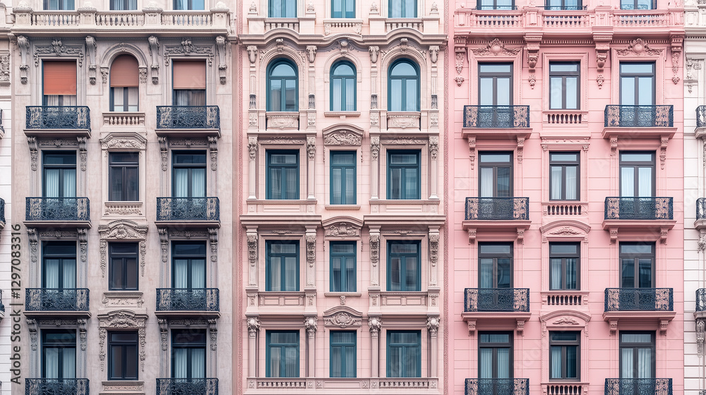 Architectural beauty of pastel buildings in a vibrant urban setting with intricate details and charming balconies. Generative AI Architectural beauty of pastel buildings in a vibrant urban setting with intricate details and charming balconies. Generative AI