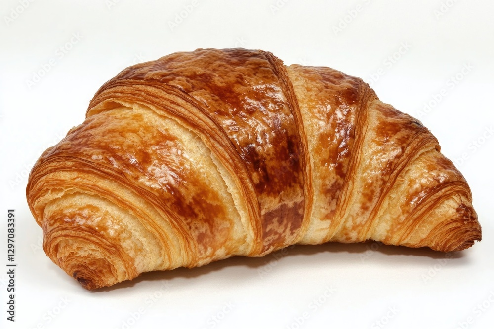 Close-up shot of a flaky croissant on a clean white surface Close-up shot of a flaky croissant on a clean white surface