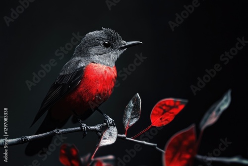 A red and black bird sits on top of a tree branch, looking around