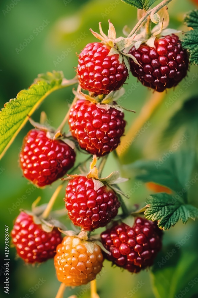 Fresh raspberries growing on a branch, great for food or decoration Fresh raspberries growing on a branch, great for food or decoration