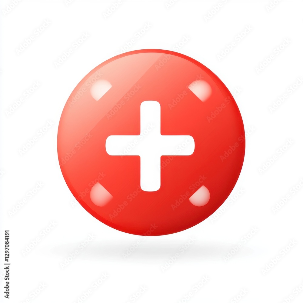 Fototapeta premium A glossy red circular button adorned with a bold white plus sign, symbolizing addition or positivity.