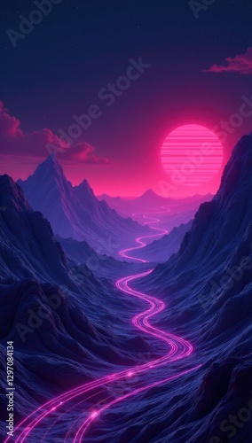 Surreal Pink Moon Landscape with Neon Mountains and River. Excellent for website backgrounds, book covers, digital art prints, music album art