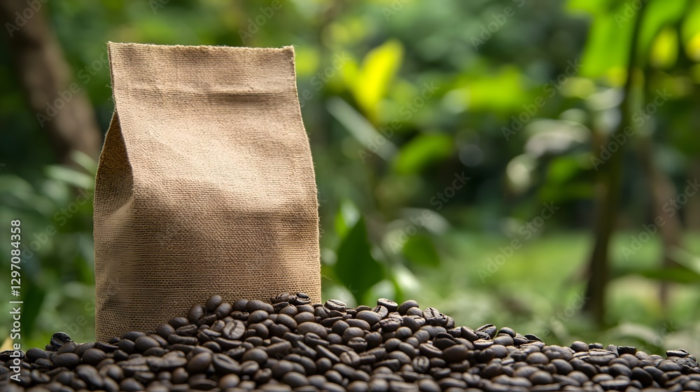Obraz premium Blank Burlap Coffee Bag with Roasted Beans on Natural Outdoor Background