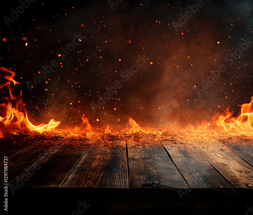 wooden table with Fire burning at the edge of the table, fire particles, sparks, and smoke in the air, with fire flames on a dark background to display products and spicy foods