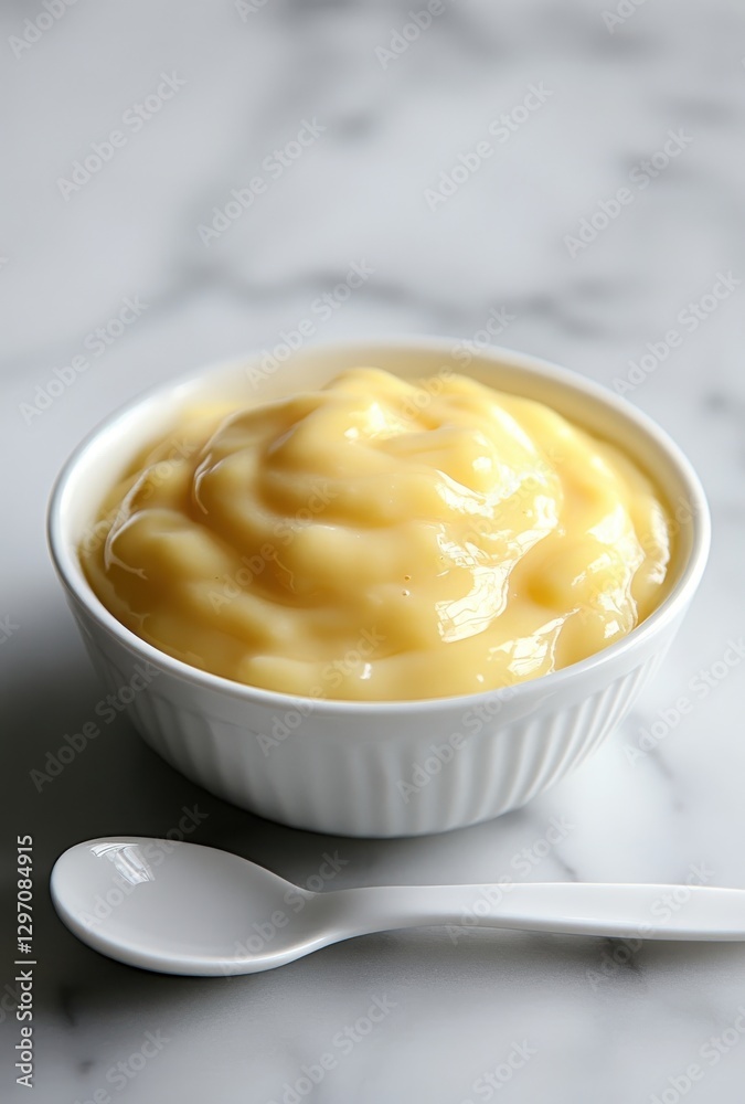 Creamy Custard Dessert in a White Bowl on a Marble Surface with a Small Spoon Beside It, Inviting and Tempting Treat for Sweet Lovers Creamy Custard Dessert in a White Bowl on a Marble Surface with a Small Spoon Beside It, Inviting and Tempting Treat for Sweet Lovers