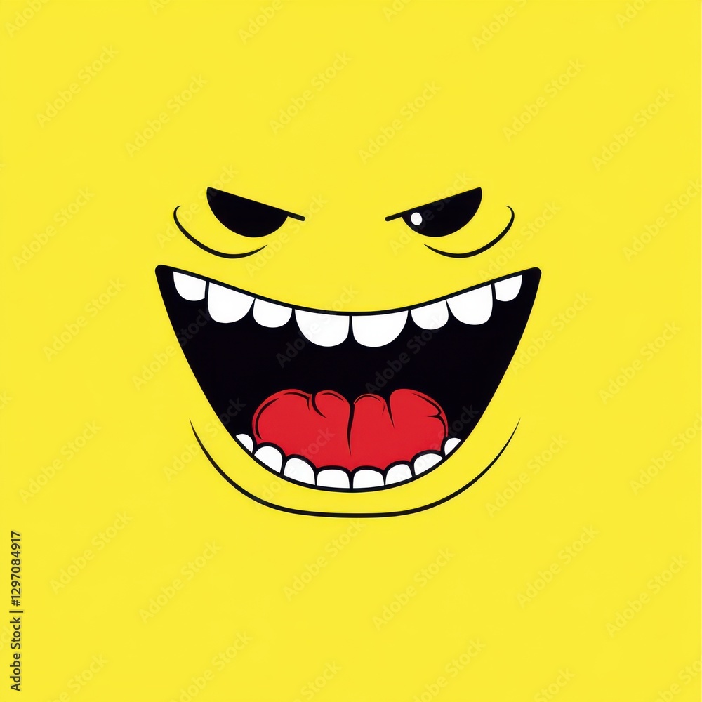 A playful and mischievous cartoon face with a big grin on a bright yellow background. A playful and mischievous cartoon face with a big grin on a bright yellow background.