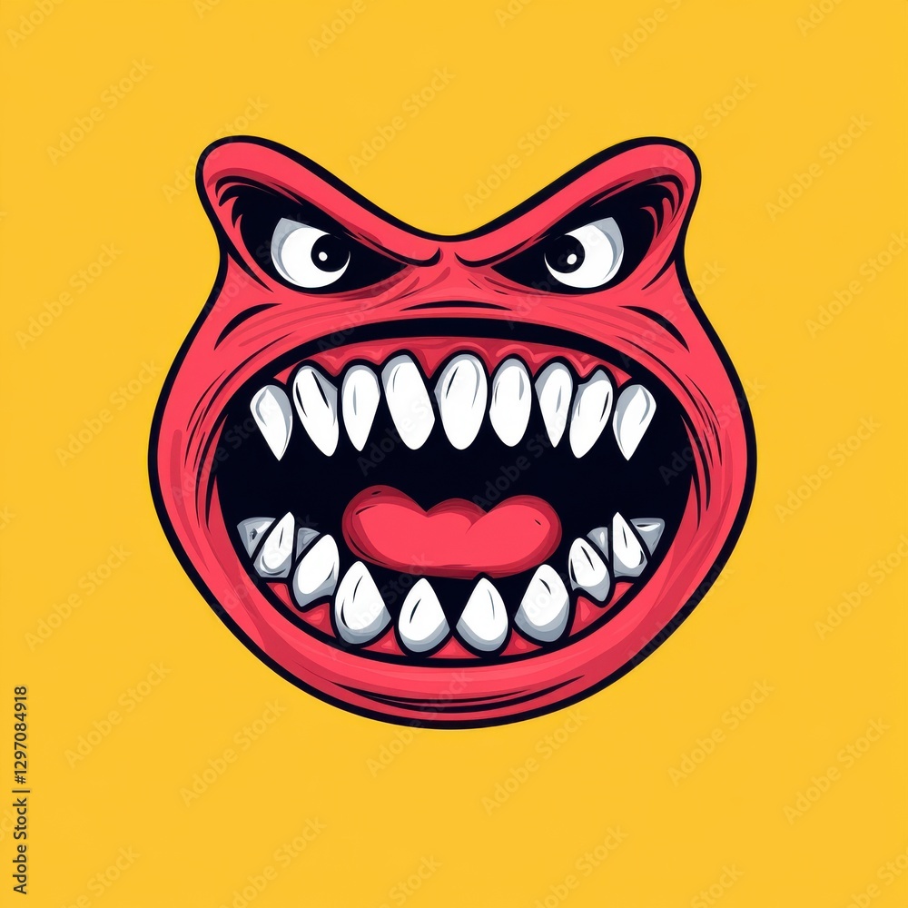 Angry cartoon face with sharp white teeth and intense expressive features on a vibrant yellow background. Angry cartoon face with sharp white teeth and intense expressive features on a vibrant yellow background.
