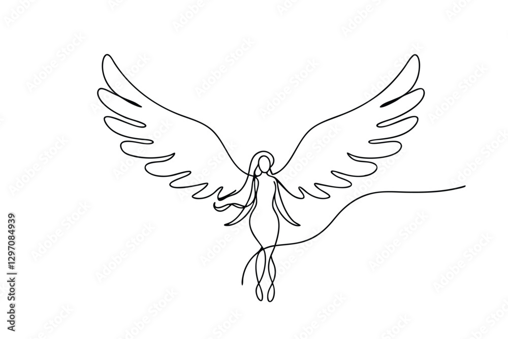 Fototapeta premium One Line Drawing Angelic Being, Wings, Flight, Grace, Freedom, Spirituality, Minimalist Art