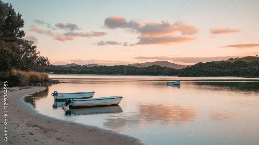 Two Small Boats Docked Next To Shore Near Mountain Range Two Small Boats Docked Next To Shore Near Mountain Range