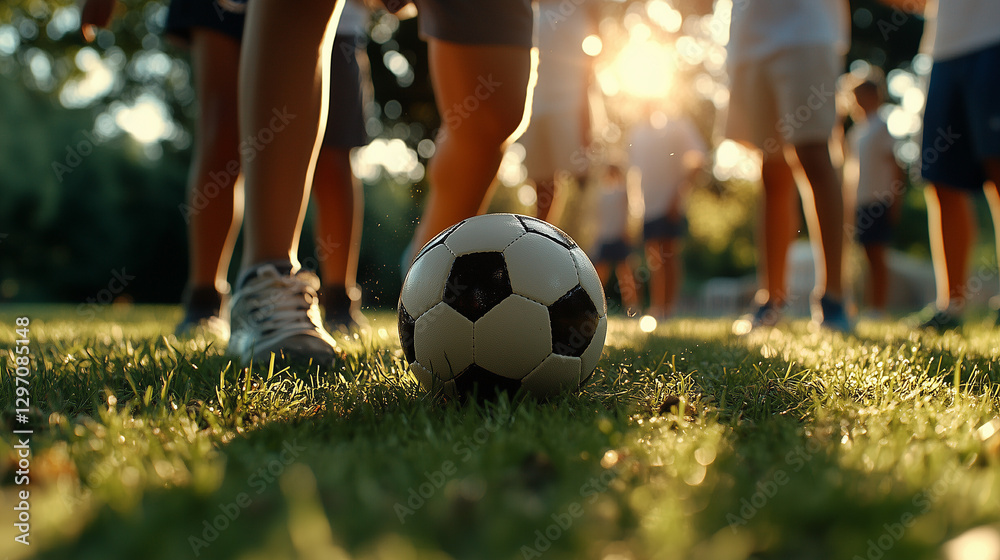 Fototapeta premium Soccer ball on grass with players in background at sunset