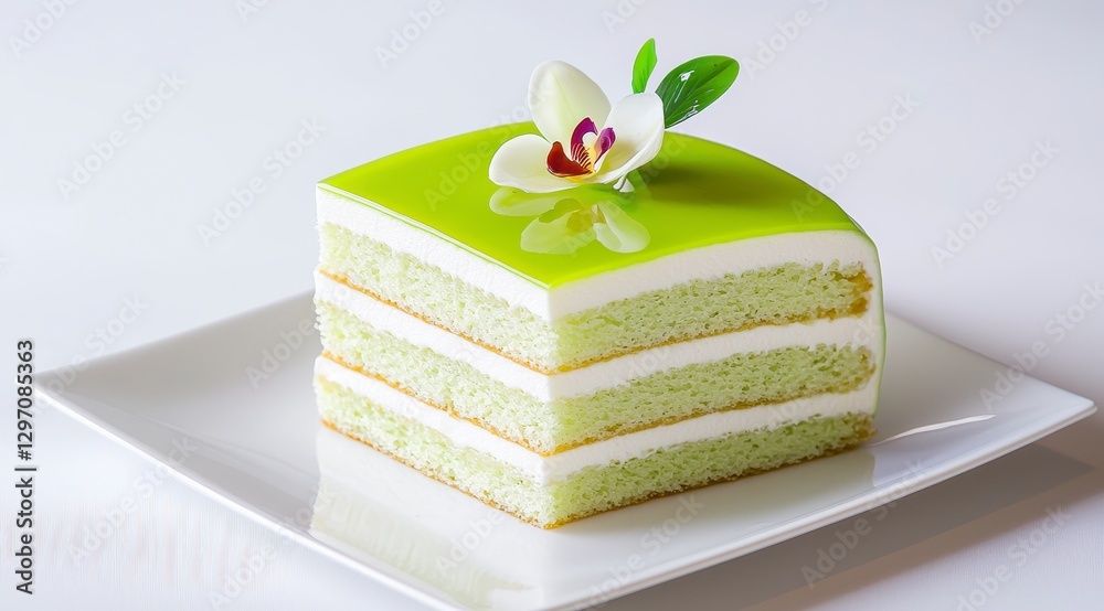 Elegant Slice of Layered Cake with Green Glaze and Orchid Blossom on White Plate Presentation Elegant Slice of Layered Cake with Green Glaze and Orchid Blossom on White Plate Presentation