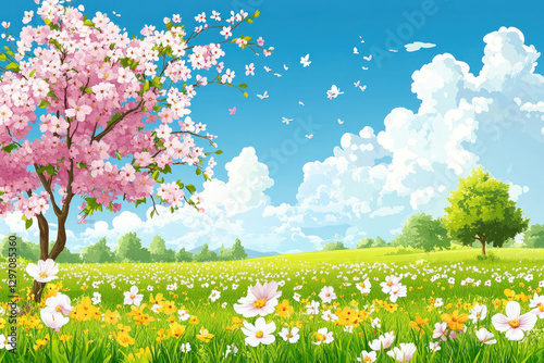 A cartoon scene of spring, ...