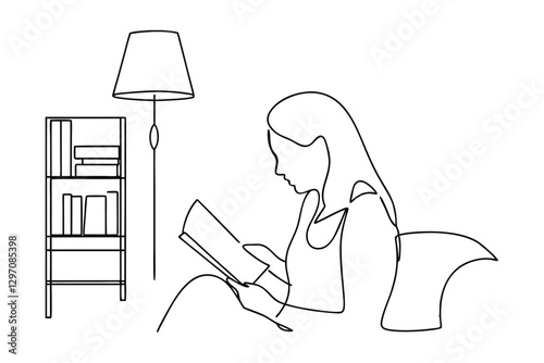 Woman Reading Book in Cozy Home Library Setting, One Line Art