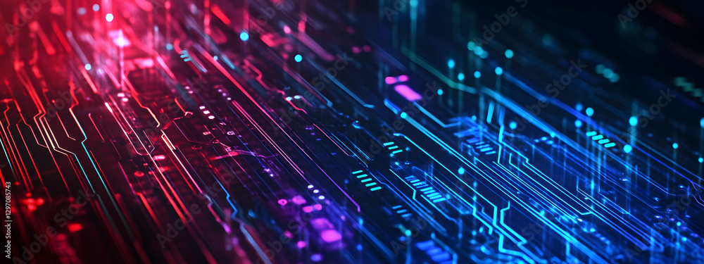 Fototapeta premium Digital technology background with glowing digital data and circuit board patterns 