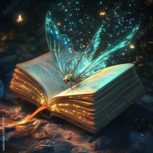 Enchanted butterfly emerges from glowing book in a magical forest setting at twilight