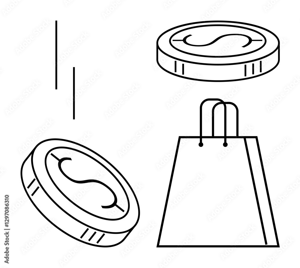 Falling coins and a shopping bag convey commerce, currency, and consumer transactions. Ideal for e-commerce, retail, business, finance, shopping budgeting and marketing themes. Line metaphor Falling coins and a shopping bag convey commerce, currency, and consumer transactions. Ideal for e-commerce, retail, business, finance, shopping budgeting and marketing themes. Line metaphor