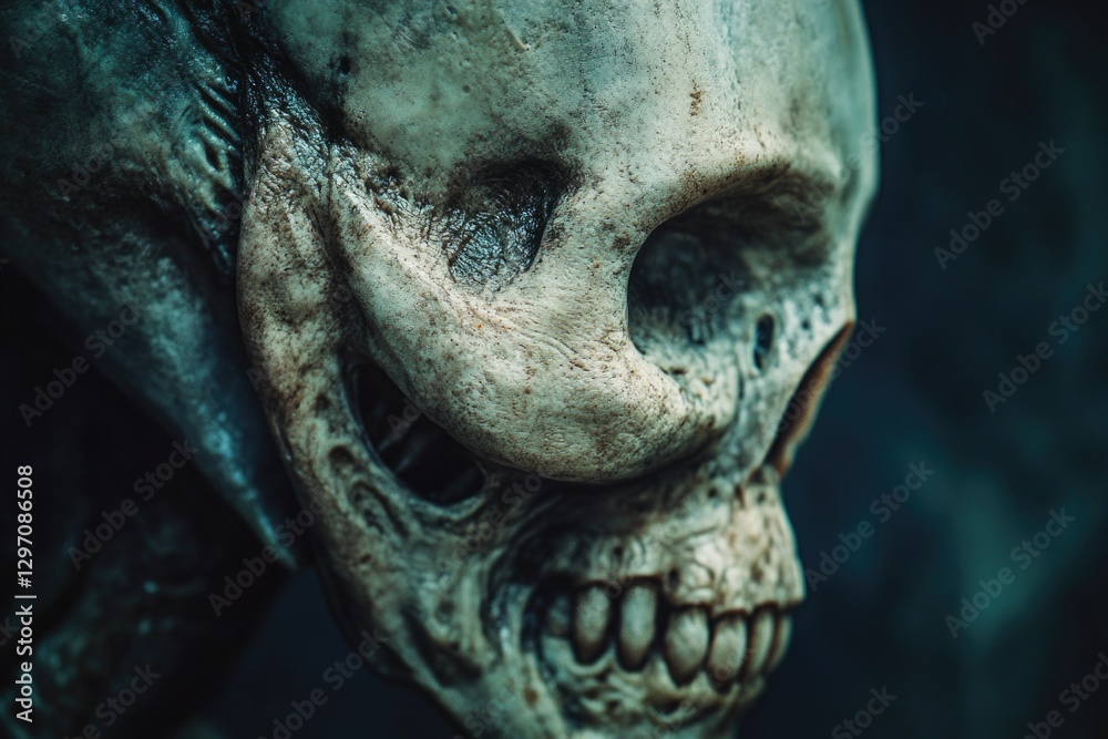 A detailed view of a spooky skull with a menacing expression A detailed view of a spooky skull with a menacing expression