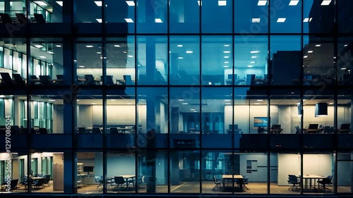 Wallpaper Mural A modern office building with large glass windows reflecting a city skyline at sunset. The illuminated workspaces reveal corporate life, business operations, and urban professional environments Torontodigital.ca