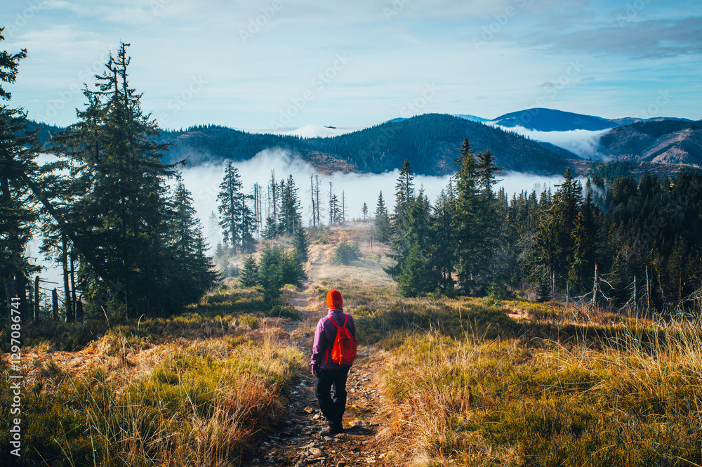Female hiker on Touristic trail in carpathian mountains covered in fog, Low Tatras in Slovakia, gloomy autumn mood, vintage colors. Female hiker on Touristic trail in carpathian mountains covered in fog, Low Tatras in Slovakia, gloomy autumn mood, vintage colors.