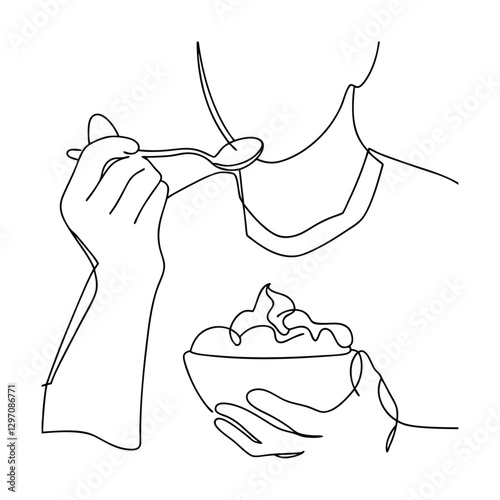 One line drawing of person enjoying creamy dessert spoon
