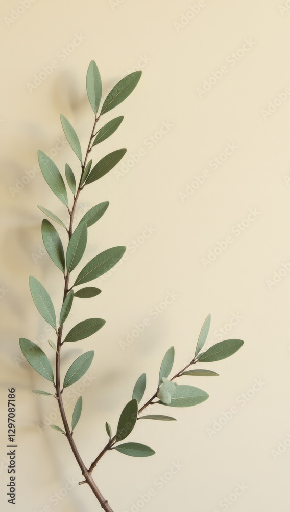 Obraz premium Elegant Olive Branch on Simple Beige Background. Perfect for website headers, banners, invitations related to nature, organic products, botanical themes
